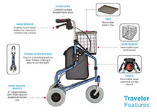 NOVA Traveler 3 Wheel Rollator Walker, All Terrain 8” Wheels, Includes Bag, Basket and Tray, Black