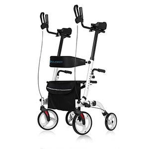 ELENKER Upright Walker, Stand Up Folding Rollator Walker Back Erect Rolling Mobility Walking Aid with Seat, Padded Armrests for Seniors and Adults, White