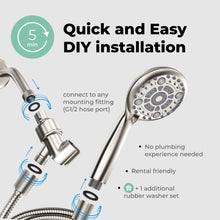 LOKBY High Pressure 6-Settings Shower Head with Handheld - 5'' Powerful Detachable Shower Head Set for Low Water Pressure - 59'' Stainless Steel Hose - Tool-less 1-Min Installation - Nickel