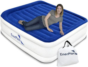 EnerPlex Queen Air Mattress with Built in Pump - 15" Luxury Size Self-Inflating Blow Up Mattress with Neck Support - Inflatable Air Bed for Portable Travel & Home Use (Blue/White)