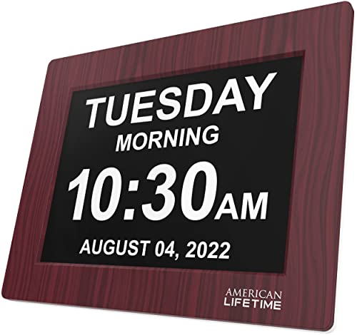 American Lifetime, Newest Version, Day Clock Extra Large Impaired Vision Digital Clock with Battery Backup and 5 Alarm Options, Premium Mahogany Color, 8 inch
