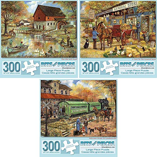 Bits and Pieces - Value Set of 3-300 Piece Jigsaw Puzzles for Adults – 300 pc Large Piece Puzzles Designed by Artist Ruane Manning - 18” x 24”