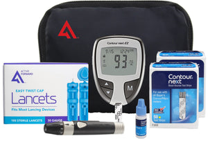 Contour NEXT EZ Diabetes Testing Kit | Contour NEXT EZ Blood Glucose Meter, 100 Contour NEXT Blood Glucose Test Strips, 100 Lancets, Lancing Device, Control Solution, Log Book, User Manuals and Pouch